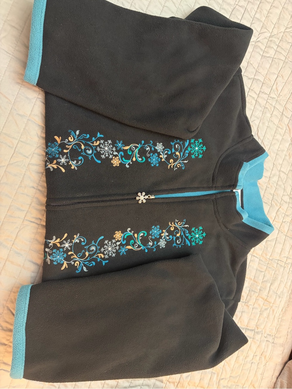 Black Teddy Jacket with Turquoise Trim and Floral Embroidery
